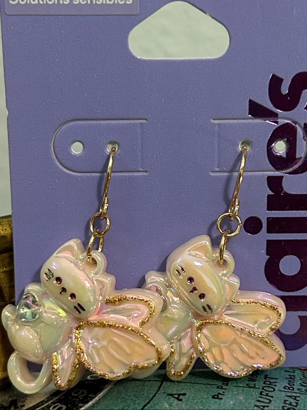 Claire's Pink Iridescent Cat Fairy Drop Earrings for girls Cat Jewelry earrings